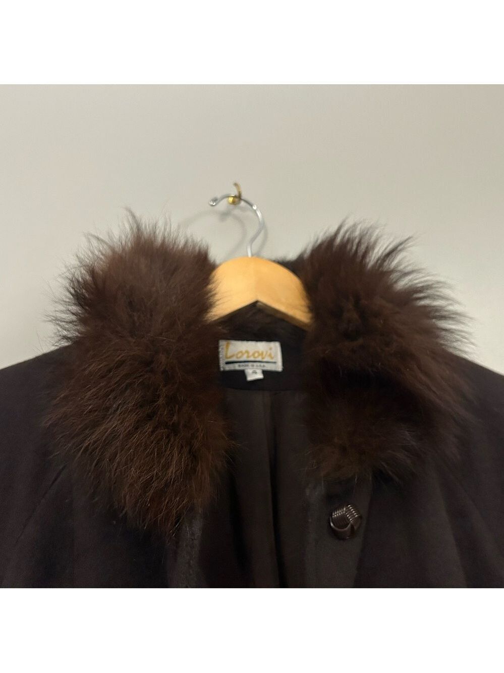 Lorovi Vintage Dark Brown Wool Trench Coat with Blue Fox Fur Collar Size 4 - Picture 7 of 11